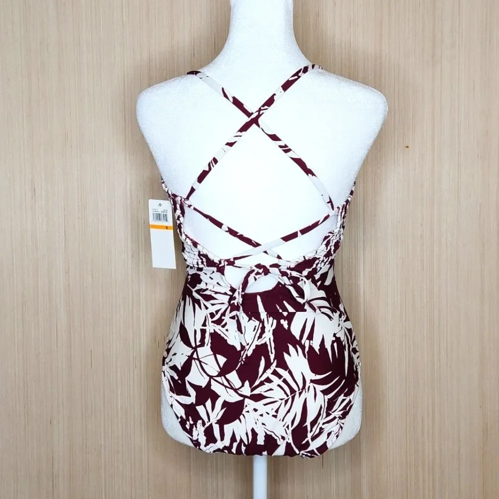 Catalina Tropical Palm Smocked Lace-Up Back Maroon One Piece Swimsuit Small Surf